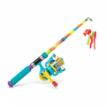 Colorful kids fishing rod and reel combo on white background